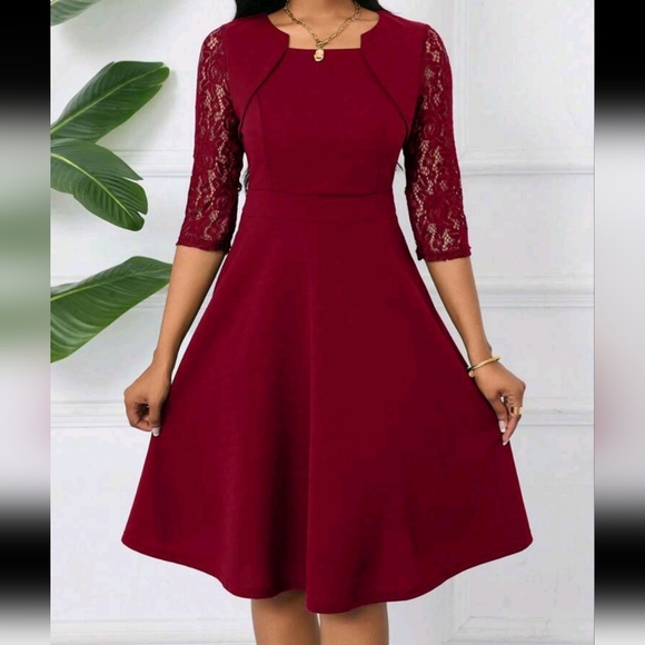 Women Contrast Lace Plain Color A-Line Dress, Elegant 3/4 Sleeve Dress - Picture 1 of 5
